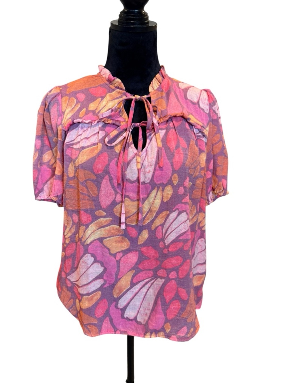 Zac & Rachel Floral Top Pink Floral Tie-Front Short Sleeve Blouse Small NWT New